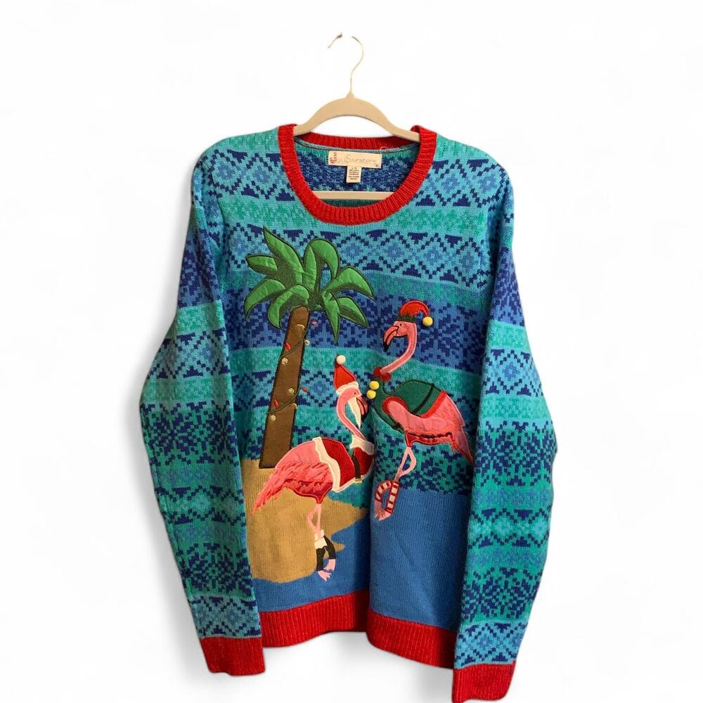 Flamingo Santa Ugly Christmas Sweater Florida Jolly Sweaters Womens LG READ